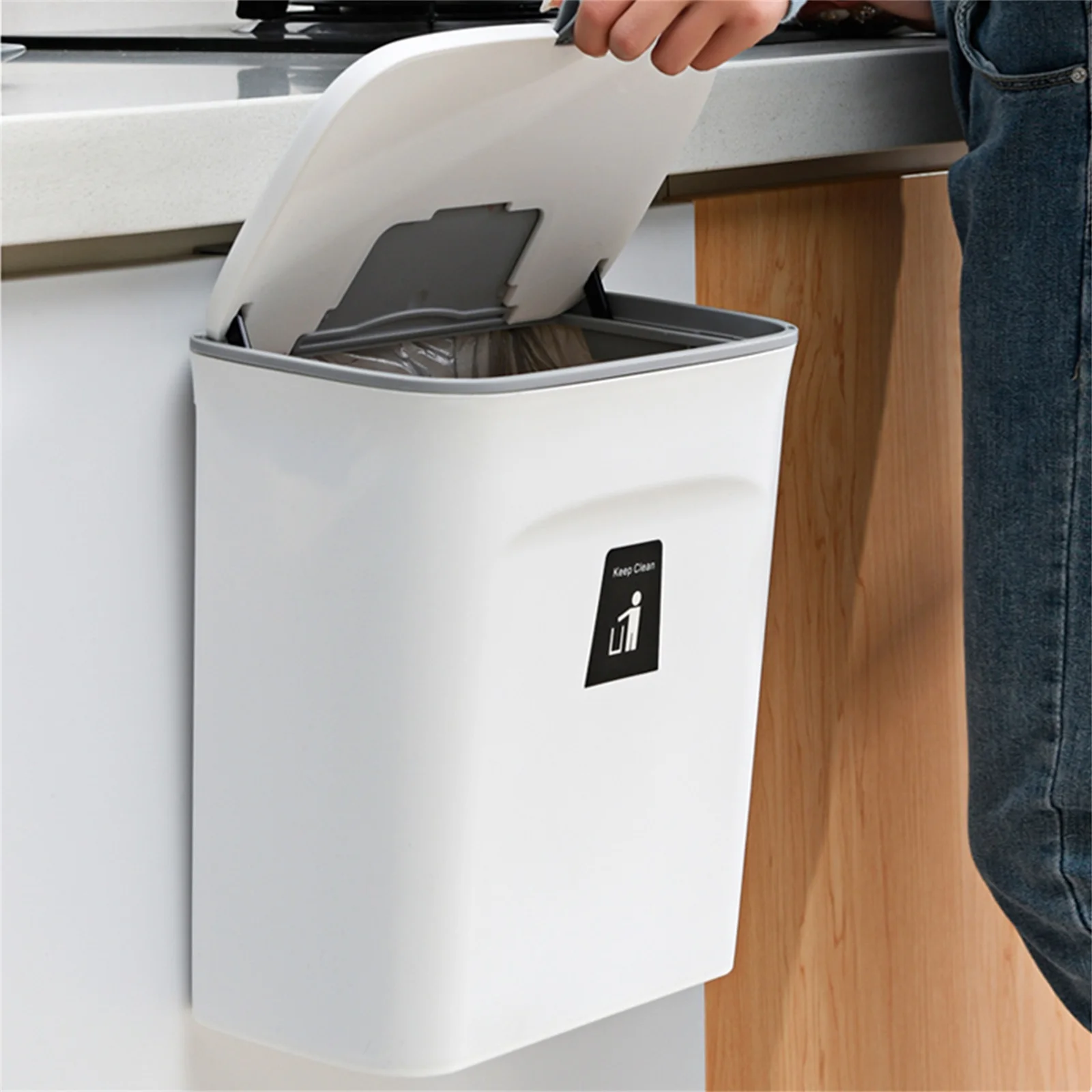 

Kitchen Sliding Lid Trash Can 9L Gray White For Wash Table Living Room Bathroom