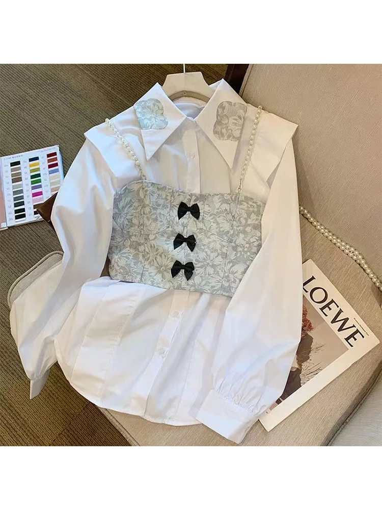 White French Puff Sleeve Top Shirts With Vest For Women Bow long Sleeves Blouse Ladies Pop Streetwear Two-piece E Girl Aesthetic