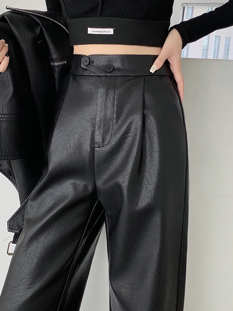 

Брюки женские прямые из искусственной кожи, Модные Винтажные штаны с завышенной талией, на молнии, повседневные свободные брюки с широкими штанинами