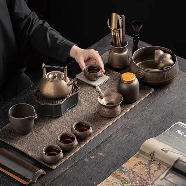 Japanese Style Gilt Iron Glaze Tea Set Complete Set of Ceramic Kung Fu Tea Set Teapot Cup Vintage Home Teaware Kitchen Dining 1