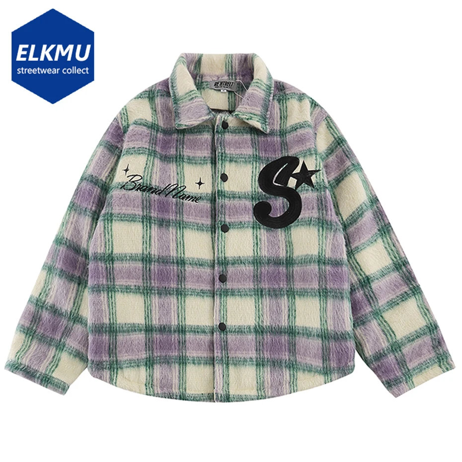 Winter Padded Shirts Men's Embroidery Letter Fleece Vintage Plaid Shirts Oversized Streetwear Hip Hop Shirts