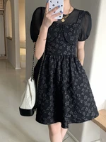 vintage 2022 summer short sleeve black flower gauze dress women fashion streetwear outfits party elegant a line short skirt
