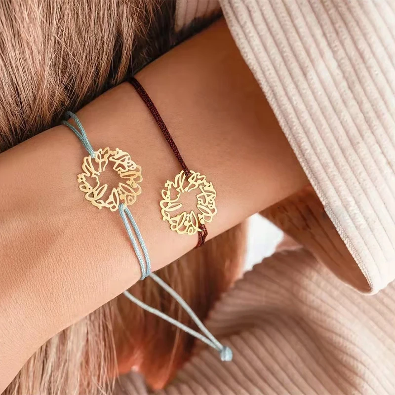 

Trendy New Luxury Hollow Stainless Charms Flower Bracelet Women Red Blue Rope Braiding Bracelet Adjustable Link Bracelet Jewelry