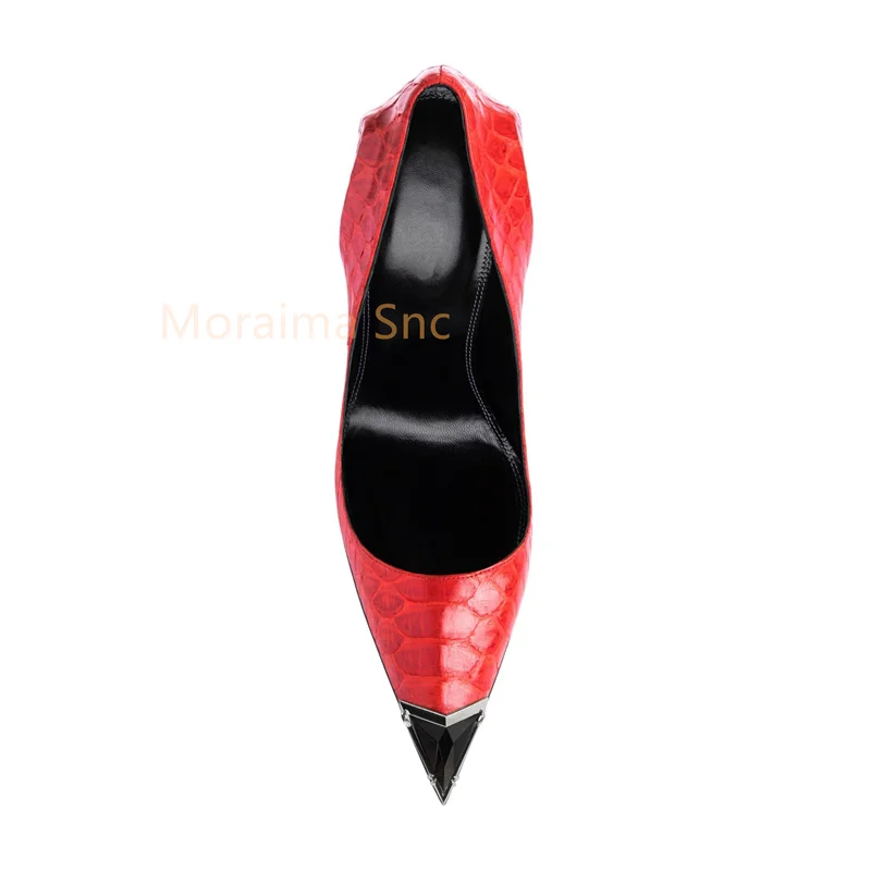 Snake Skin Pointed Toe High Heels Women Pumps Metal Decor Designer New Shallow Stiletto Sexy Single Shoes Women Party Wedding