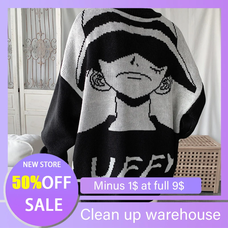 

Женский свитер в стиле Харадзюку, весенне-осенний вязаный пуловер с аниме и мультяшной вышивкой, черная Свободная Повседневная Уличная оде...