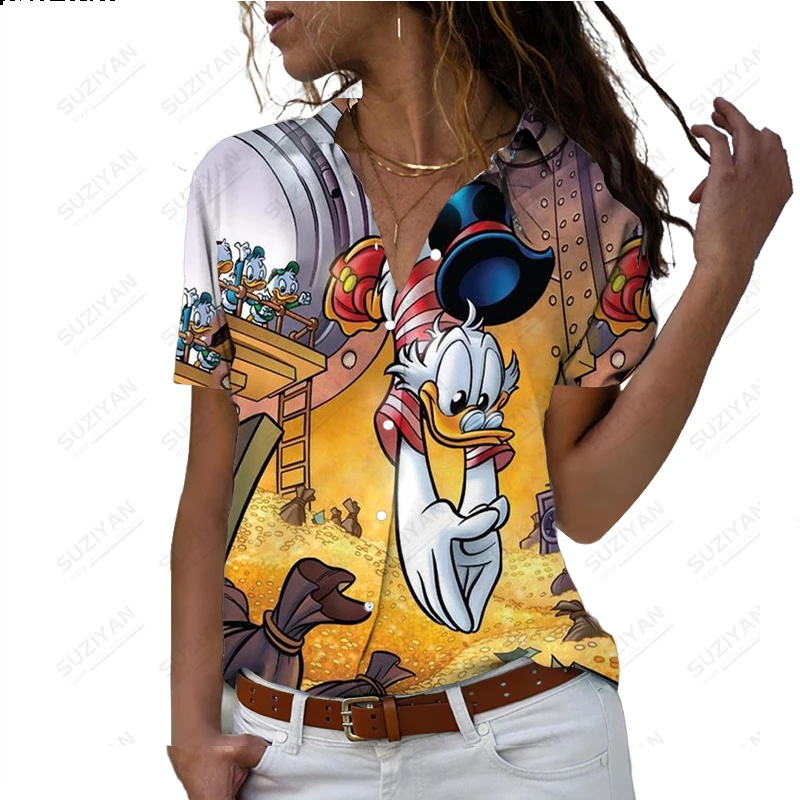 

Summer Disney Shirt Short Sleeve Button Style Cardigan Top 3D Printed Casual Harajuku Comfortable V-Neck Large Rainbow Mickey