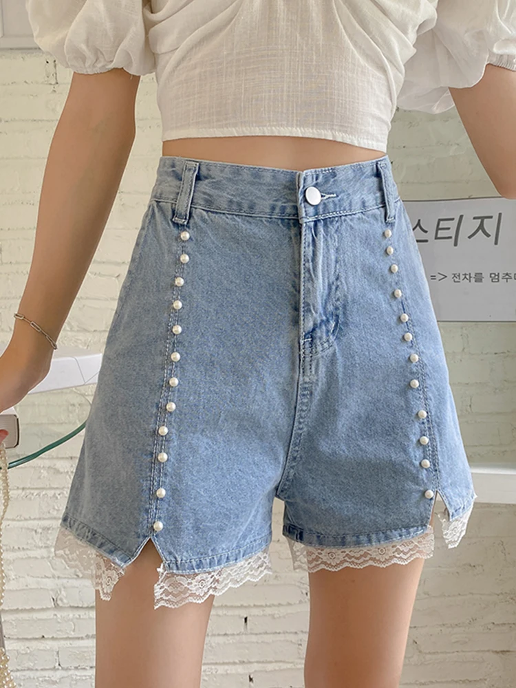 New Spring Summer Women High Waist Beading Lace Spliced Blue Denim Shorts Casual Female Wide Leg Jeans Shorts Bottoms