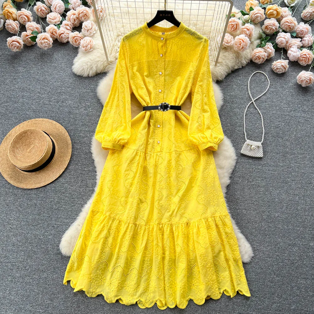 French Vintage Round Neck Single Breasted Long Sleeve Hollow Out Embroidery Lace Dress with Waist Wrapped Elegant Long Dress