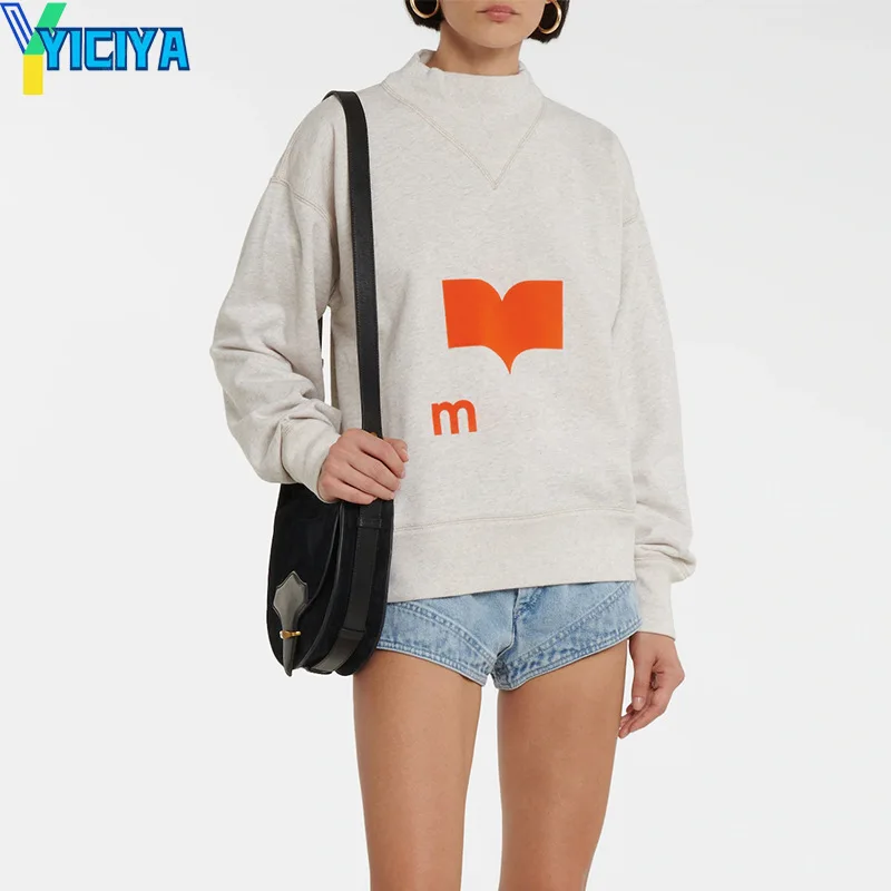 Женский свитшот YICIYA с круглым вырезом и длинным рукавом, пуловеры, уличная одежда с буквенным принтом, повседневный базовый свитшот в стиле ...