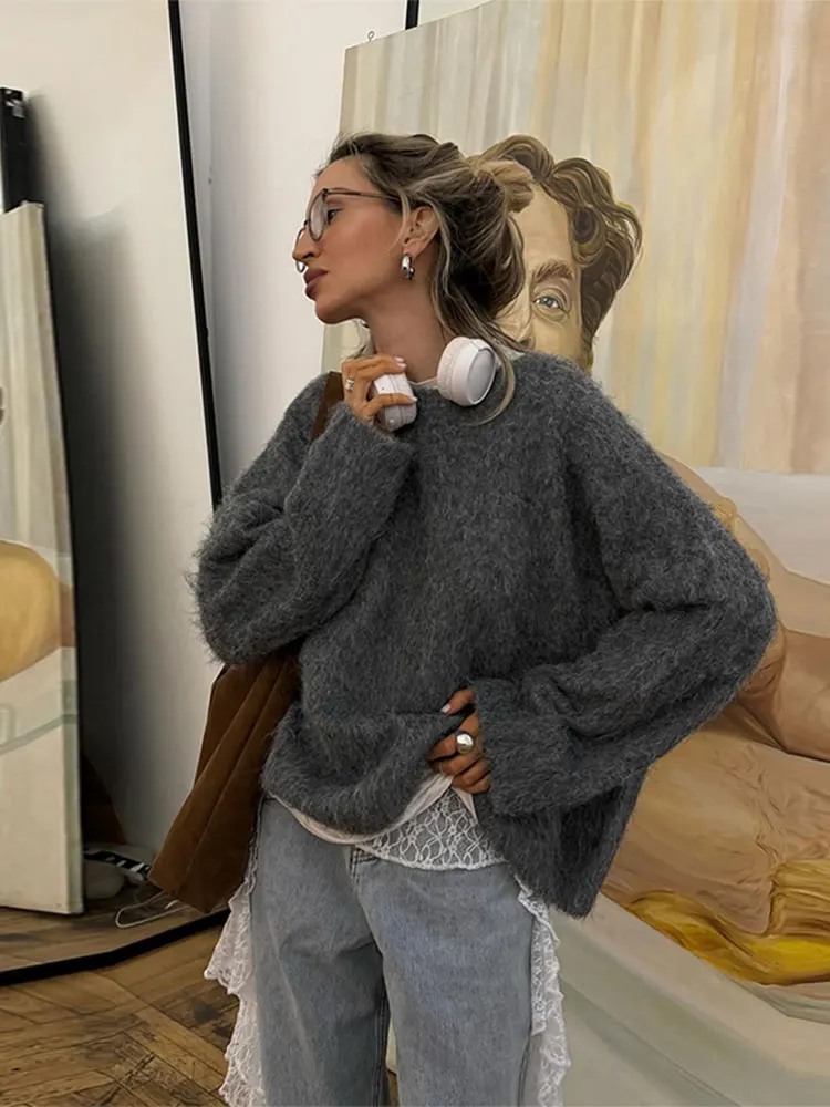 Элегантный темно-серый кашемировый свободный свитер из мохера женский африонный