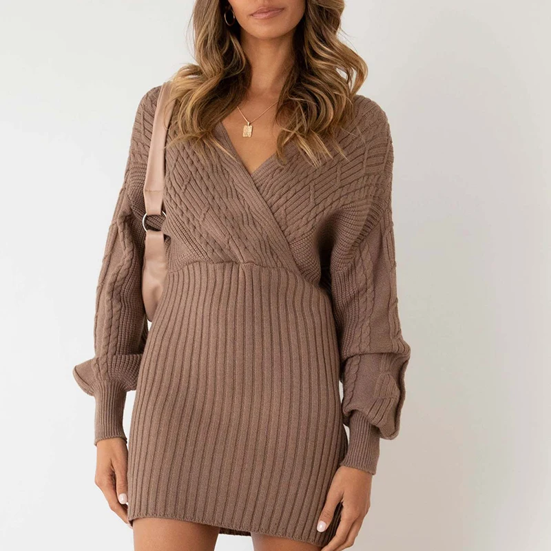 

Fall Winter Elegant Knitted Sweater Dress 2022 Fashion Long Sleeve Solid Bodycon Dress Sexy Deep V-neck Off Shoulder Mini Dress