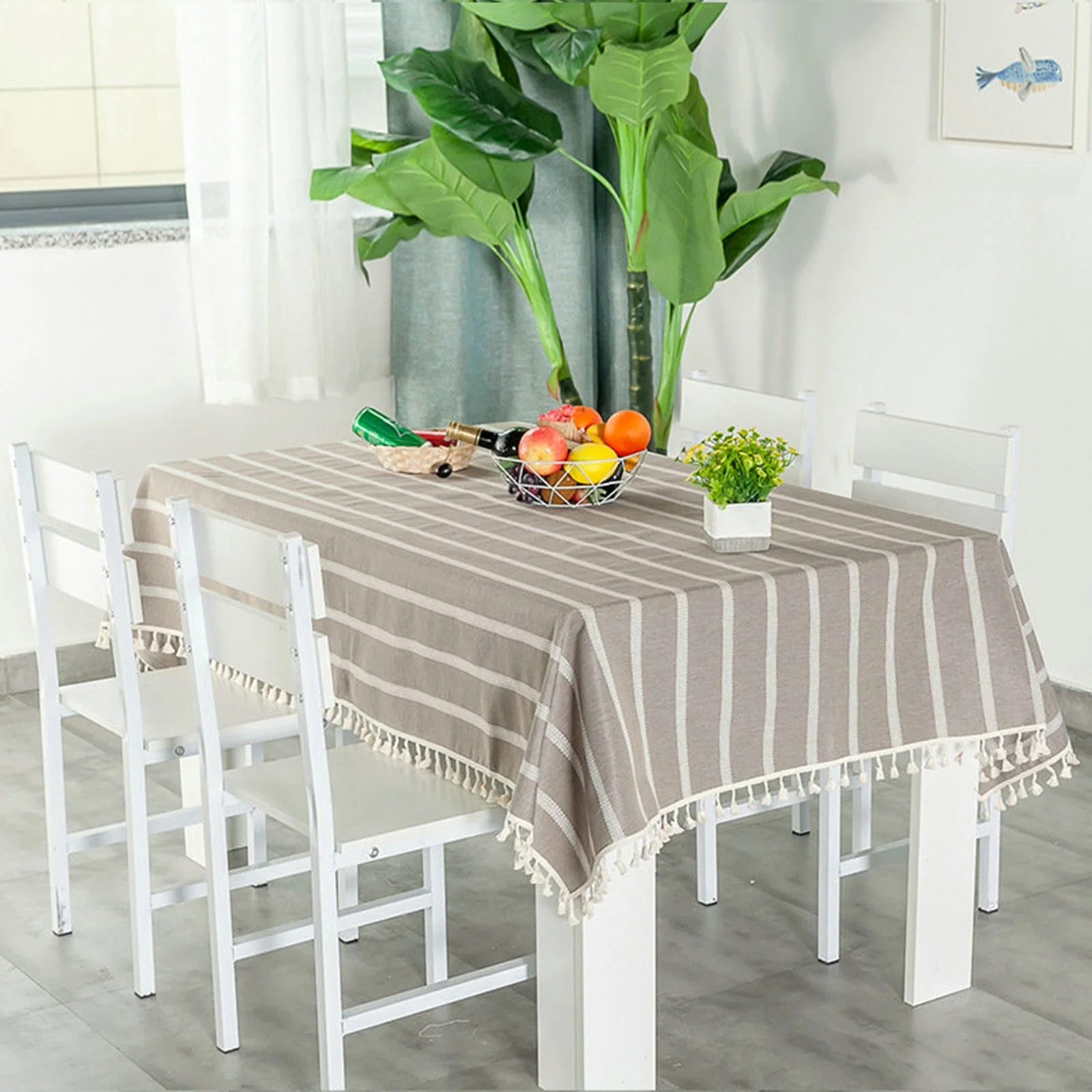 

Cotton Linen Tablecloths, Waterproof Table Covers Stripe Light Camel Dining Table Coffee Table Deco