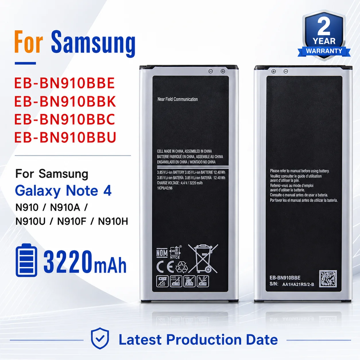 Фото Аккумулятор для Samsung Galaxy Note 4 N910 N910A N910V N910P EB-BN910BBE EB-BN910BBK 3220 мАч, с NFC и без NFC, запчасть для ремонта №1