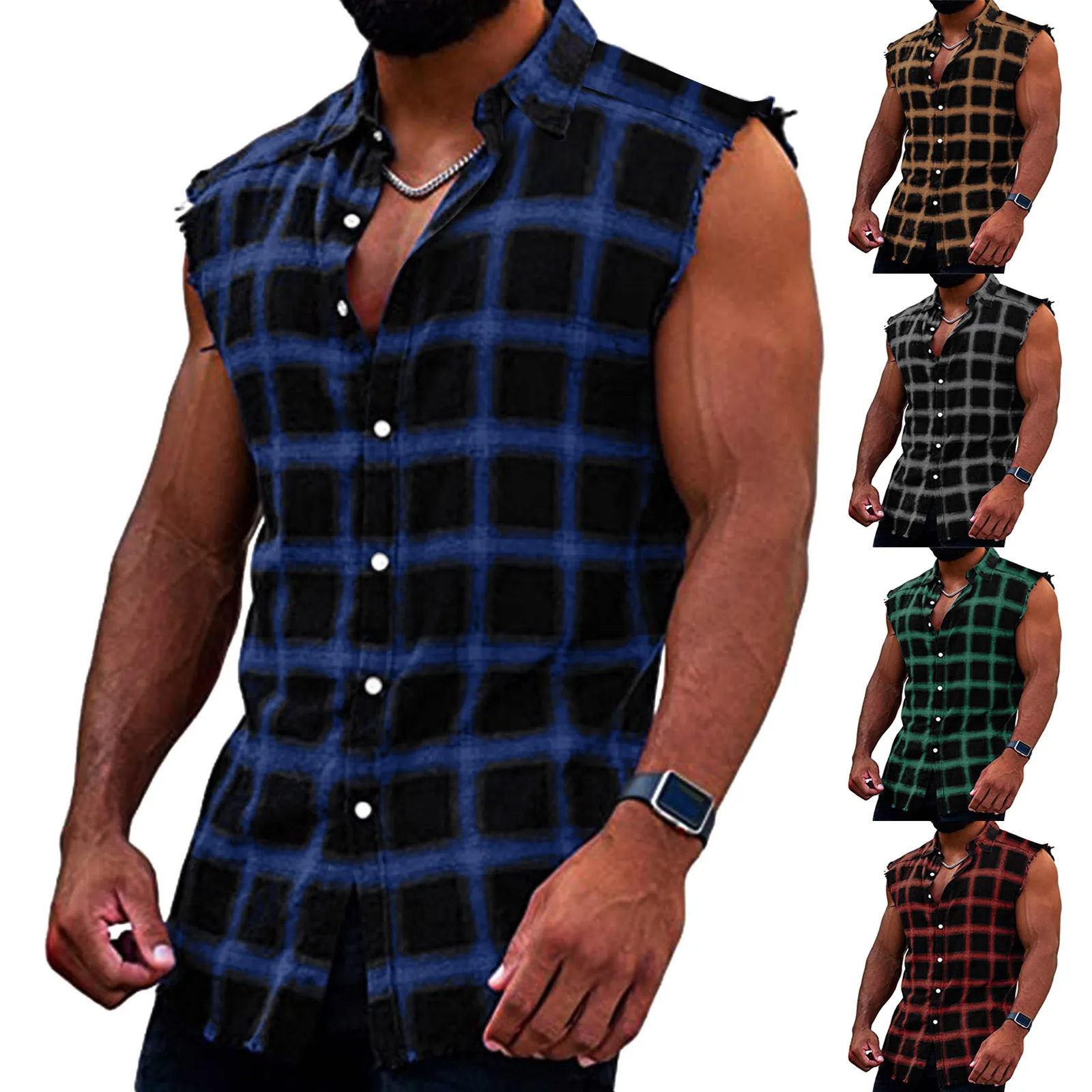 

5 Colors Hot Sale 2022 Men's Summer Shirts Fashion Casual Plaid Print Buckle Sanding Sleeveless T Shirt Vest Simple Daily Tops