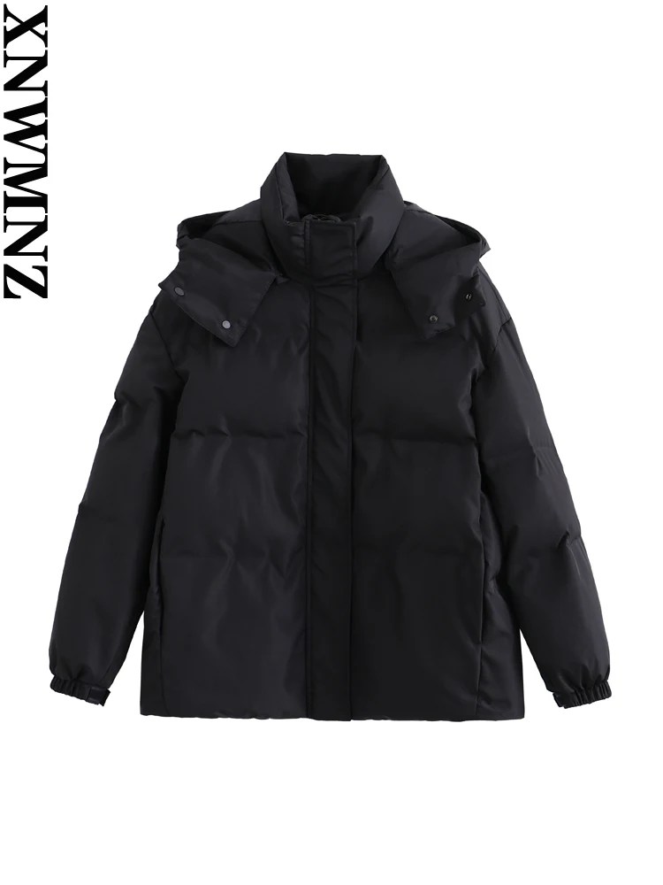 XNWMNZ 2023 Women Fashion Thicke Thermal Waterproof Quilted Padded Jacket Detachable Hat Zipper Drawstring Hem Female Outerwear