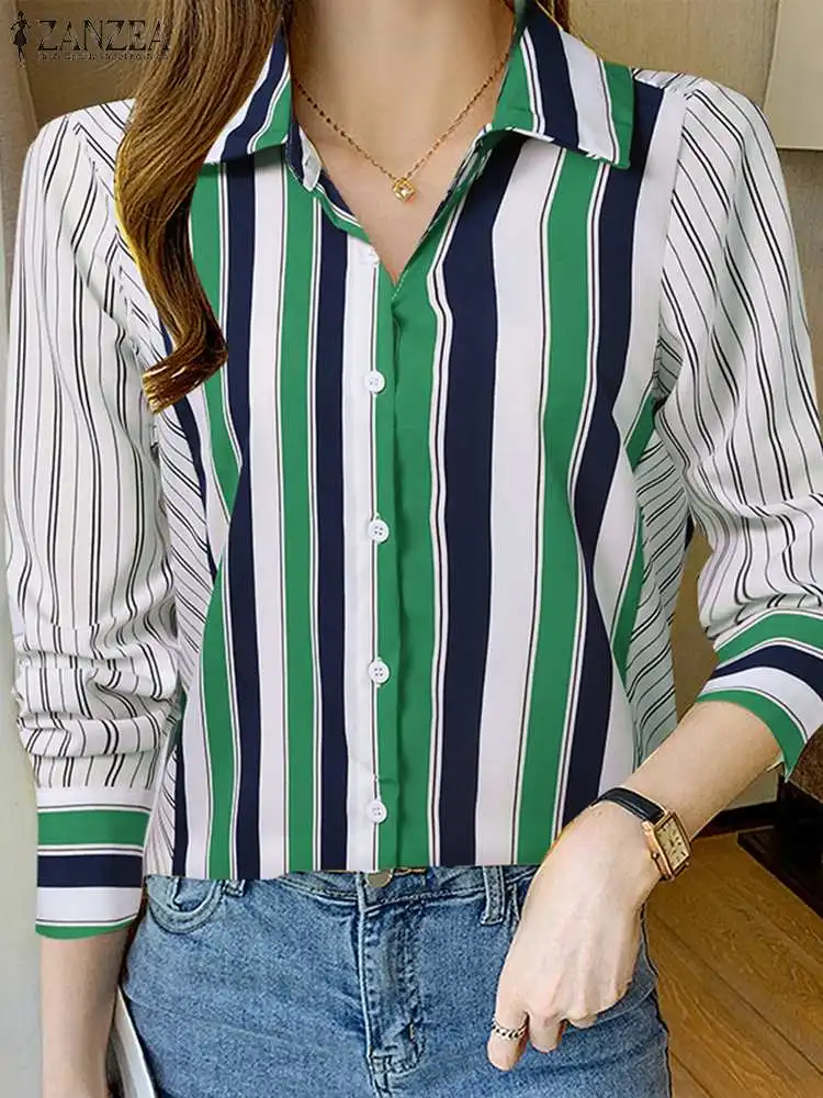 

ZANZEA Korean Commuting Button Up Chemise Casual Office Lady Shirts Women Striped Color Block Tops Lapel Long Sleeve OL Blouses