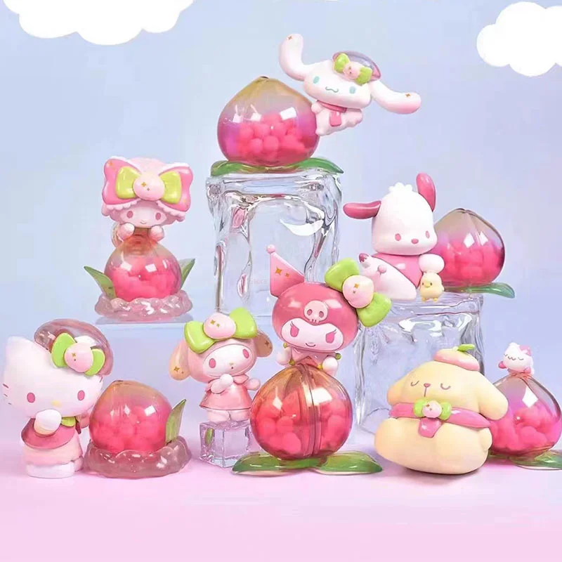 

Sanrio Characters Vitality Peach Paradise Series Cartoon Cinnamoroll Melody Kuromi Action Figurines Collectible Model Doll Gift