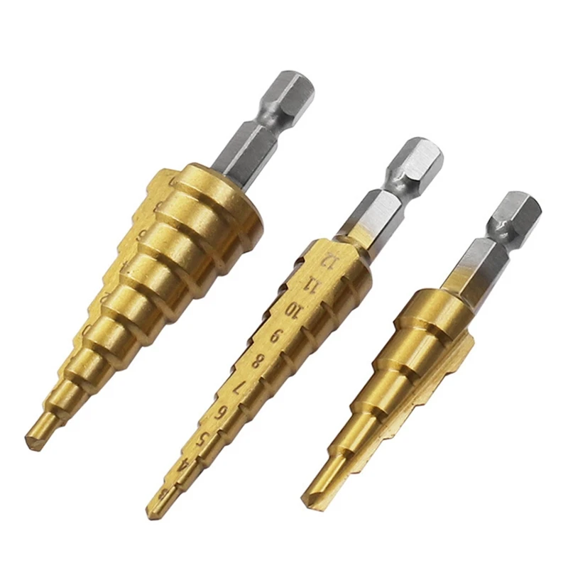 

3 Pieces Step Drill bit Set for Home DIY Power Drills (Metric 3-12mm/4-12mm/4-20mm) Easy to Install Wear-resisting