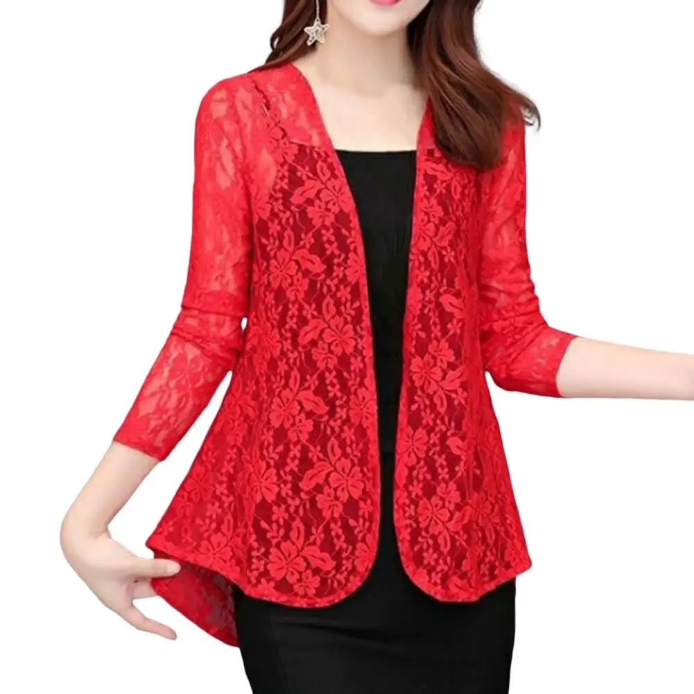

Autumn Women Coat Long Sleeves Cardigan Open Stitch Solid Color Shawl See-through Thin Flower Embroidery Lady Jacket