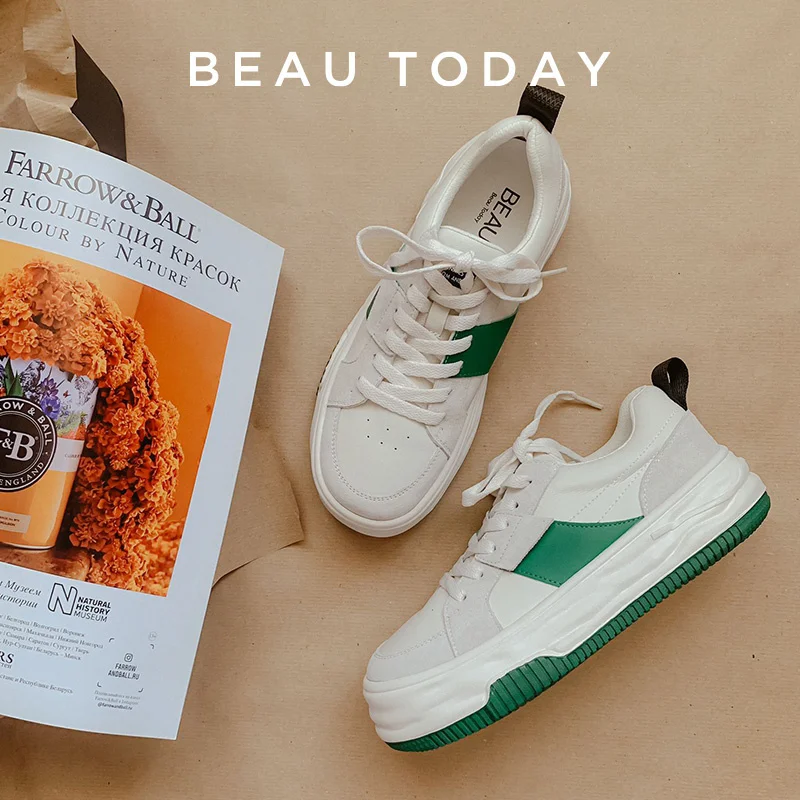 

Chunky Sneakers Women Leather Patchwork Round Toe Cross Tied Design Platform Sole Ladies Waffle Shoes Handmade 29161