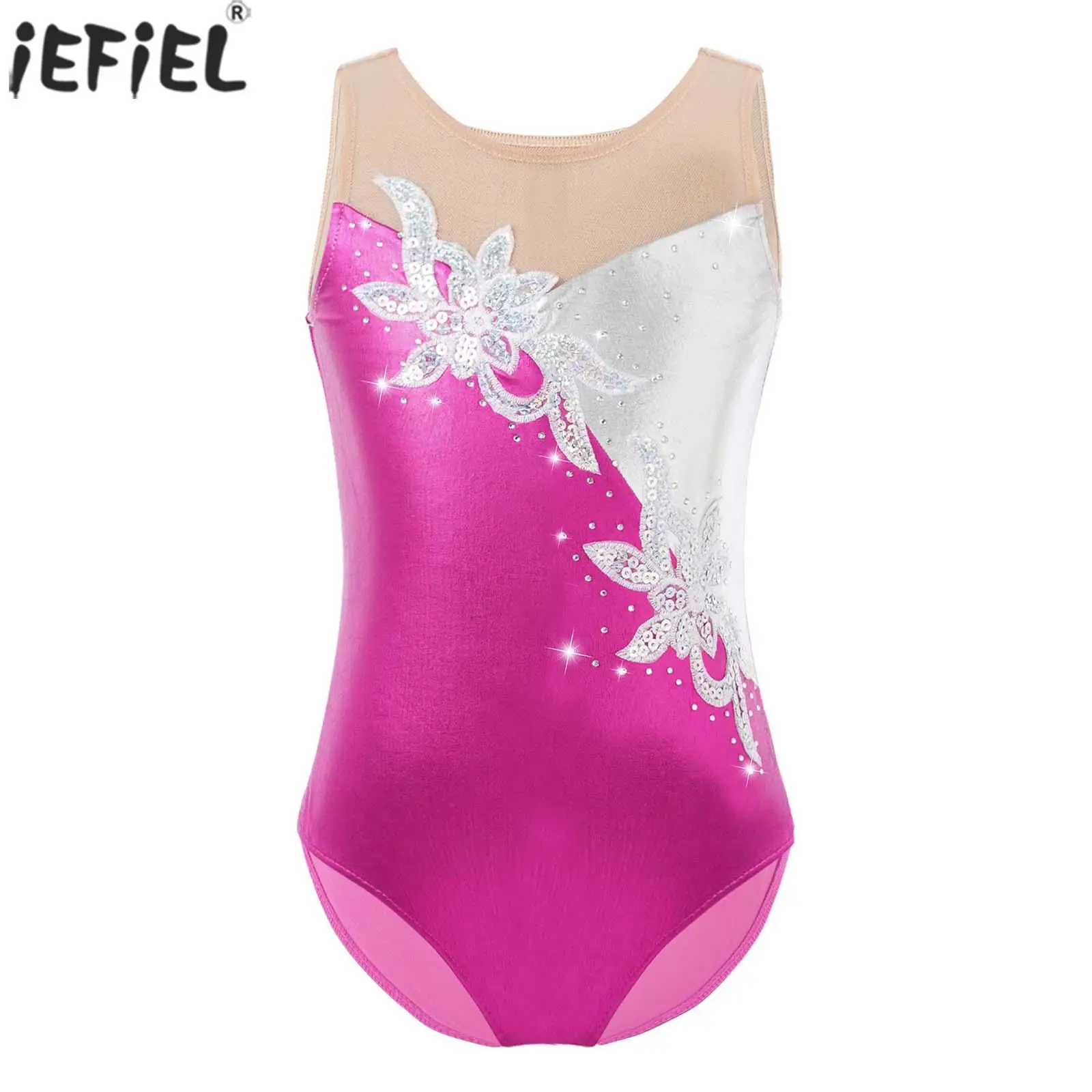 

Kids Girls Dance Clothes Sleeveless Mesh Patchwork Child Skate Gymnastics Performance Clothing Children Jumpsuit Bodysuit
