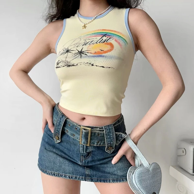 Женский винтажный короткий топ без рукавов с кокосовым деревом