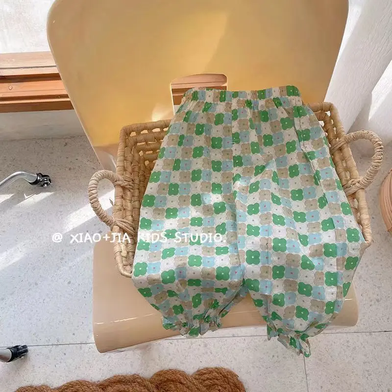 

Брюки для девочек, детские тонкие шаровары с принтом, модные штаны на талии, летние свободные универсальные широкие брюки с цветочным принт...