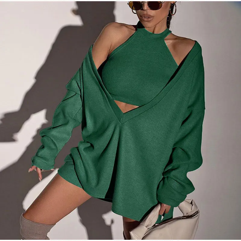 Sexy Knitted Camis 2 Piece Set Women V-neck Long Pullover Sweatshirts Casual Brown Sets Sport Sleeveless Crop Top Hoodies Outfit