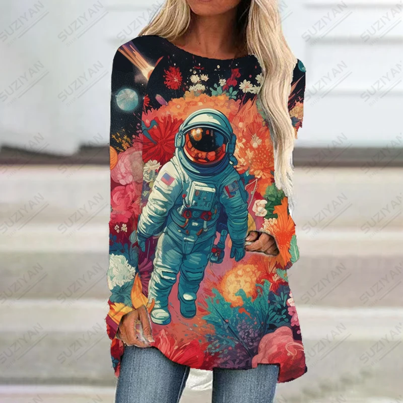 Новинка 2023, женское платье с длинным рукавом и цветочным 3D принтом астронавта, женское платье с длинными рукавами, красивое модное женское платье с длинными рукавами