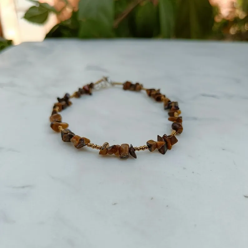 Tiger Eye Anklet-Boho Anklet-Beaded Anklet-Raw Chips Beaded Anklet-Ankle Bracelet-Fashionable Anklet-Handmade Jewelry
