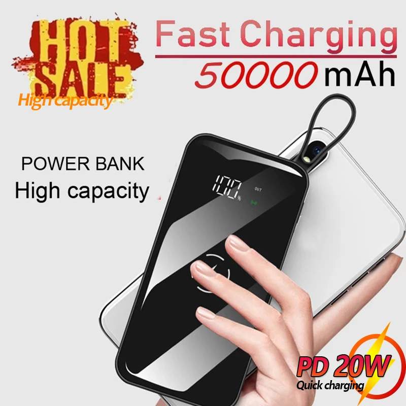 

HD Mirror Screen 50000mAh Portable Powerbank Led Flashlight LCD Digital Display Fast Charging External Battery Charger