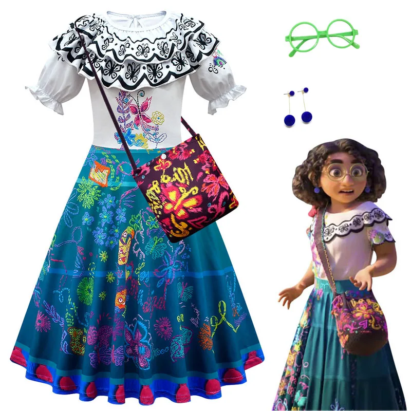 

Encanto Mirabel Madrigal Cosplay Costume Girl Dress Woman Fancy Dresses for Carnival Halloween Princess Dress Earrings glasses