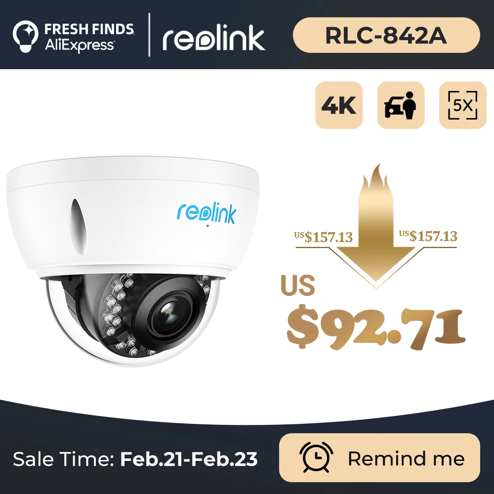 

Reolink 4K PoE RLC-842A 8MP IP Surveillance Camera 5X Optical Zoom Human/Car Detection Waterproof Outdoor Security Camera
