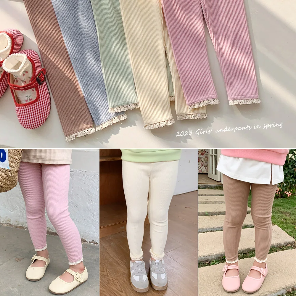 

2023 Spring and Autumn Leggings Kids Girl Pants Ribbed Cotton Candy Color Baby Infant Girl's Tights From 1-8 Years Trousers
