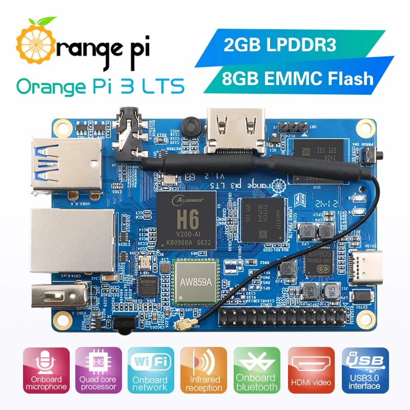 Orange Pi 3 LTS 2GB RAM LPDDR3 8GB EMMC Flash WIFI BT5.0 Open Board Power Supply Run Android 9.0 Ubuntu Debian OS Mini Computer