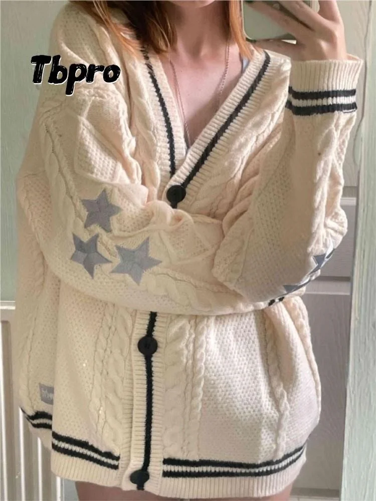 

Star Knit Embroidery Long Sleeve Cardigan Womenswear Pentagram Blocking Button V Neck Jumper Loose Casual Stylish Sweater 2023
