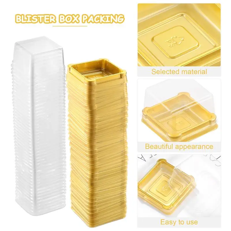 

UPKOCH 50pcs Plastic Square Moon Cake Boxes Egg-Yolk Puff Container Golden Packing Box Square Blister Egg Yolk Pastry Box