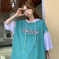 casual hooded t shirts womens summer kawaii tee colorblock sports style fashion tops korean style aesthetic clothes streetwear