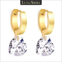 LUXUSTEEL Luxury Bling Heart Shape White CZ Hoop Earrings For Women Stainless Steel Crystal Rhinestones Dangle Earrings Gifts