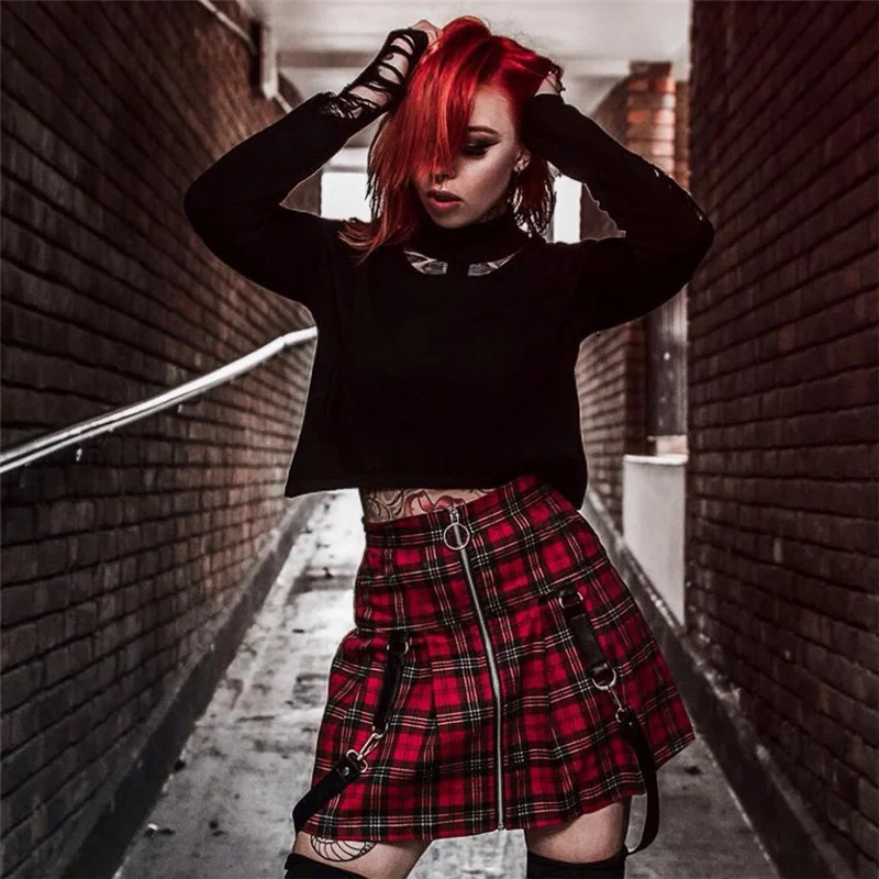 

New Fashion Ladies Goth Casual Skirt High Waist Belt Patchwork Lattice Zipper Gothic Style Sexy Women Mini Skirt For Spring