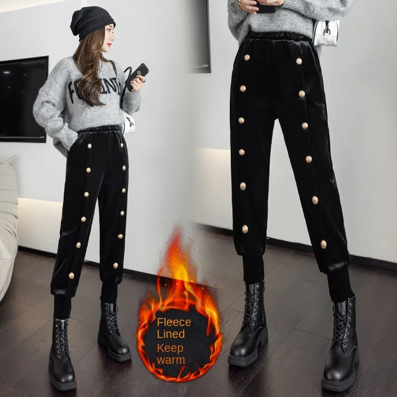 

2022 Autumn Winter New Women Gold Velvet Casual Pants Plus Velvet Warm Solid Color Leggings Fashion Design Rivet Black Trousers
