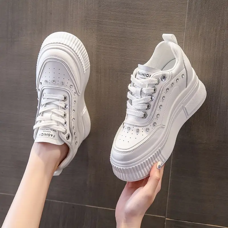 Height Increasing Insole Women's 2023 Spring New Rhinestone White Shoes 8 cm Platform Casual Popular Sneakers