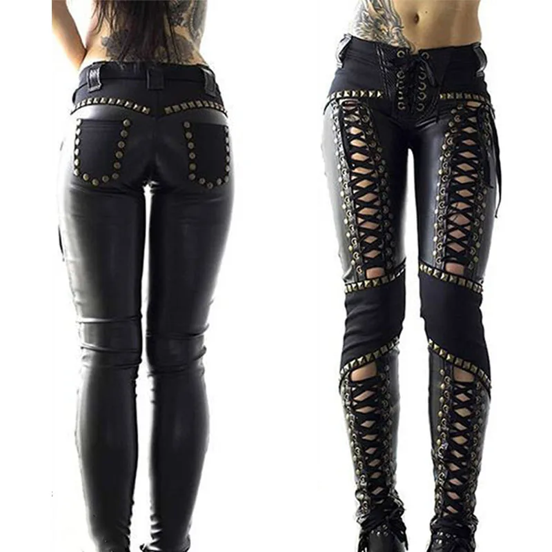 

Women Pants Punk Rock Imitation Leather Pencil Pants New Sexy Hollow Out Bandage Leggings Streetwear Women's Pants