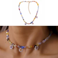 colorful stone beaded choker necklace simulated pearl daisy flowers clavicle choker necklace for women summer beach jewelry
