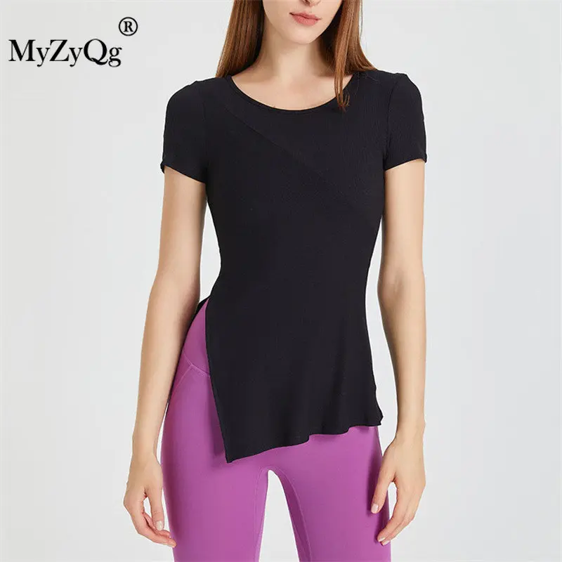 

MyZyQg женский крой Боковой разрез спортивный топ облегающая футболка для йоги Пилатес фитнеса с коротким рукавом дышащая повседневная одежда для бега