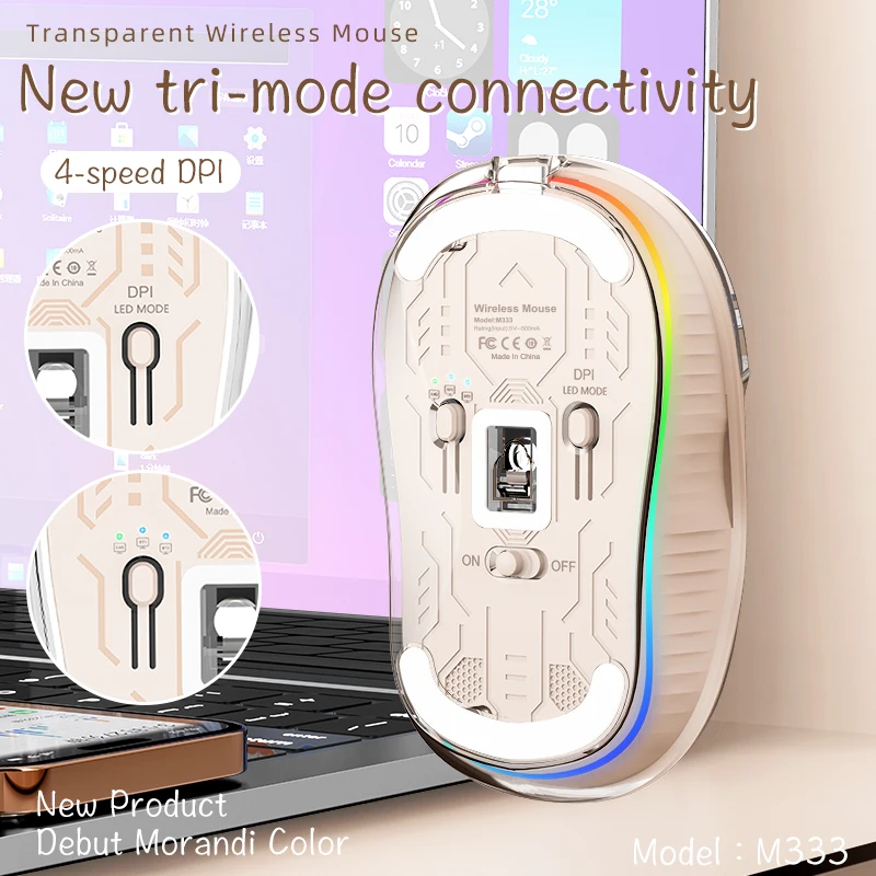 Перезаряжаемая беспроводная мышь Bluetooth, трехрежимная, прозрачная, светящаяся, эргономичная, бесшумная, магнитная, для офиса и ноутбука (art.: 3920d8cffad58) - 3920d8cffad58