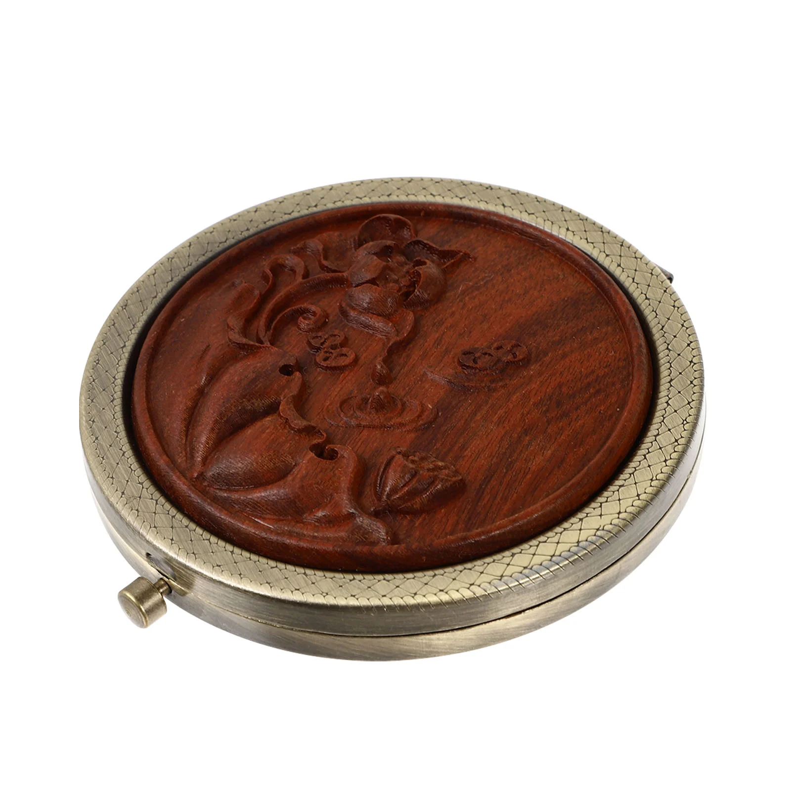 

Retro Folding Mirror Wooden Carved Makeup Female Vintage Wallet Compact Small Round Pocket Foldable Woman Mini Vanity Hand