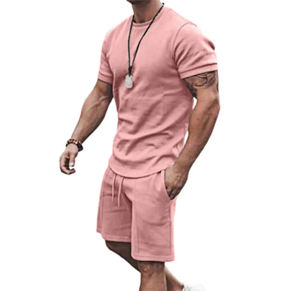 

2021 Summer Men Tracksuit Set Solid Color Short Sleeve T-shirt Pocket Drawstring Shorts Two Piece Suit Sport Fitness Outfits