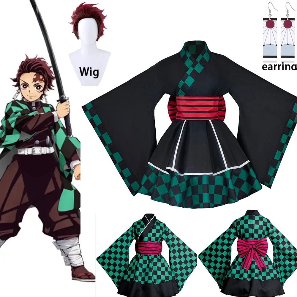 

Anime Tanjirou Kamado Cosplay dress Kimetsu no Yaiba Demon Slayer Costume Tanjirou Kamado Dress Kimono Skirt Costume Cloak Dress