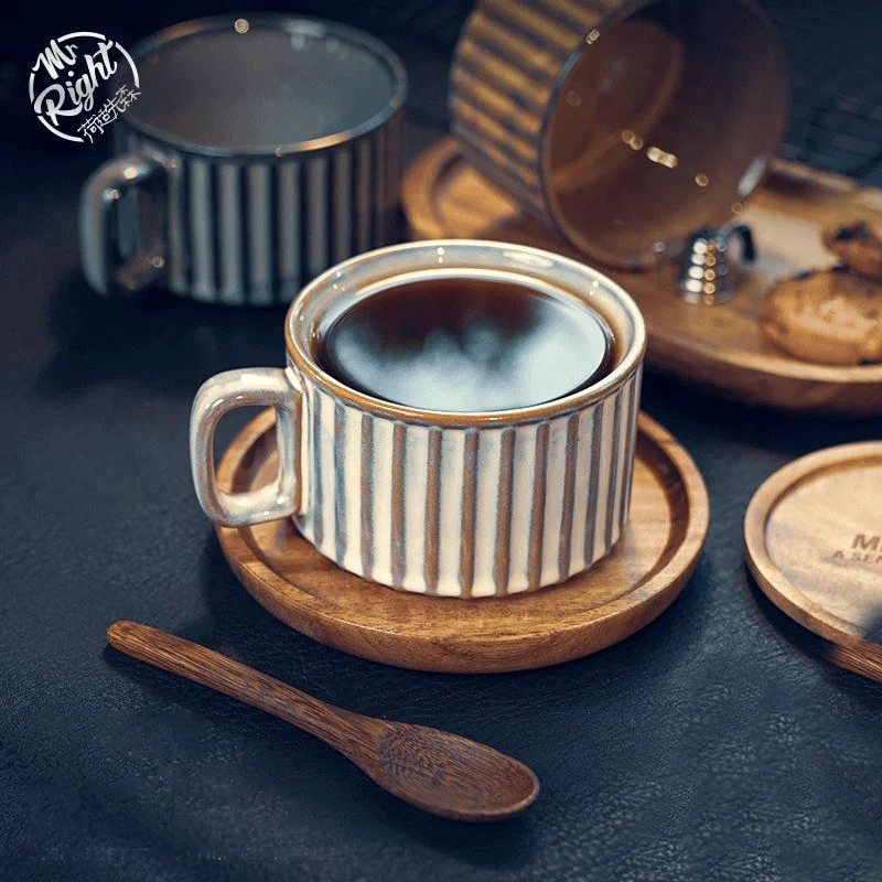 

Nordic Retro European Style Glazed Ceramic Belt Handle Spoon Coffee Cup Cappuccino Latte Flower Cup Set Birthday Gift